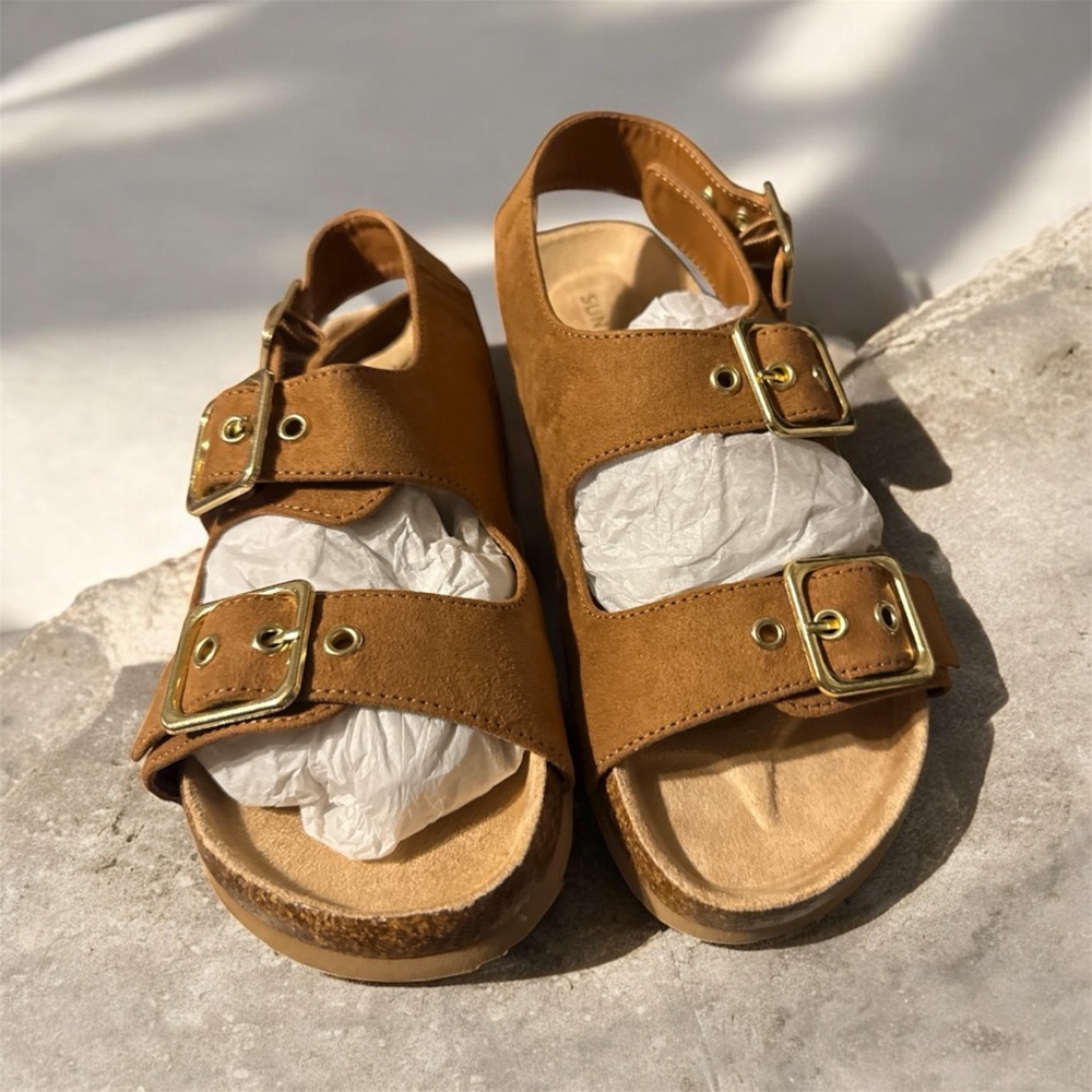 Sun + Stone Tan Buckle Sandals